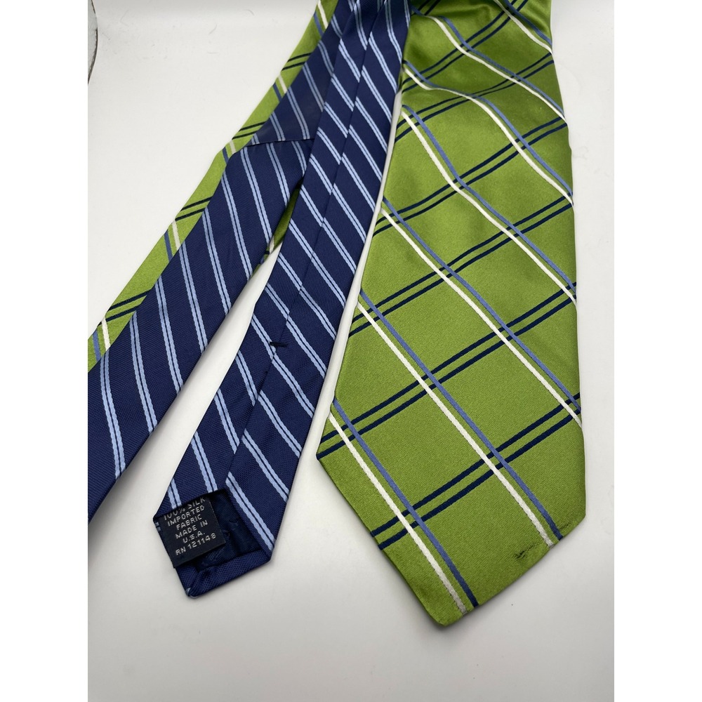 Tommy Hilfiger Mens Silk Tie Lime Green Navy Blue Plaid Striped Made in USA